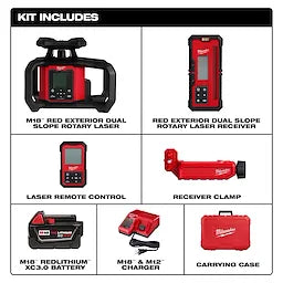Milwaukee Kit de niveau laser rotatif à double pente extérieur rouge M18™ avec récepteur et télécommande 3704-21