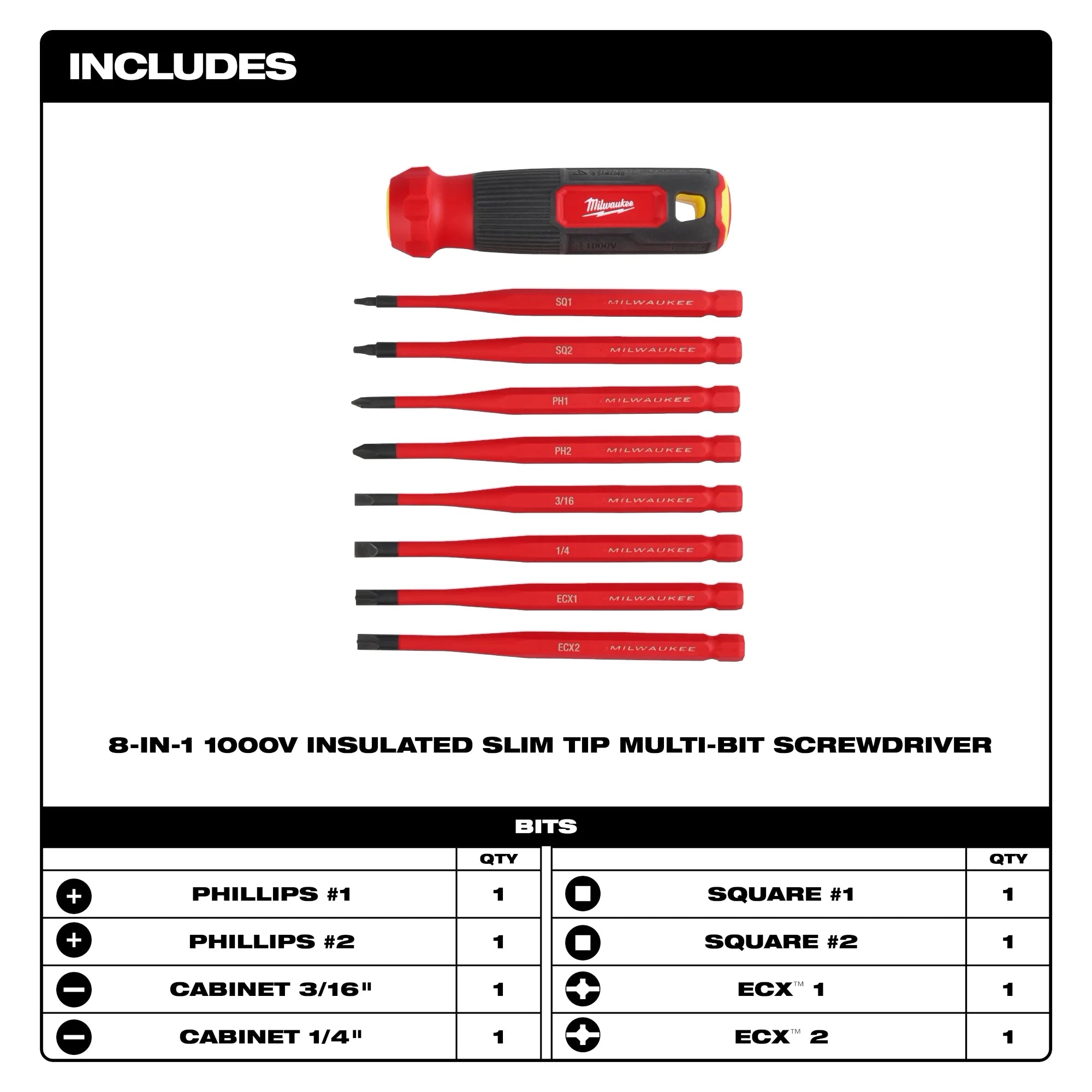 Milwaukee Tournevis multi-embouts à pointe fine isolé 1000V 8-en-1 48-22-2218