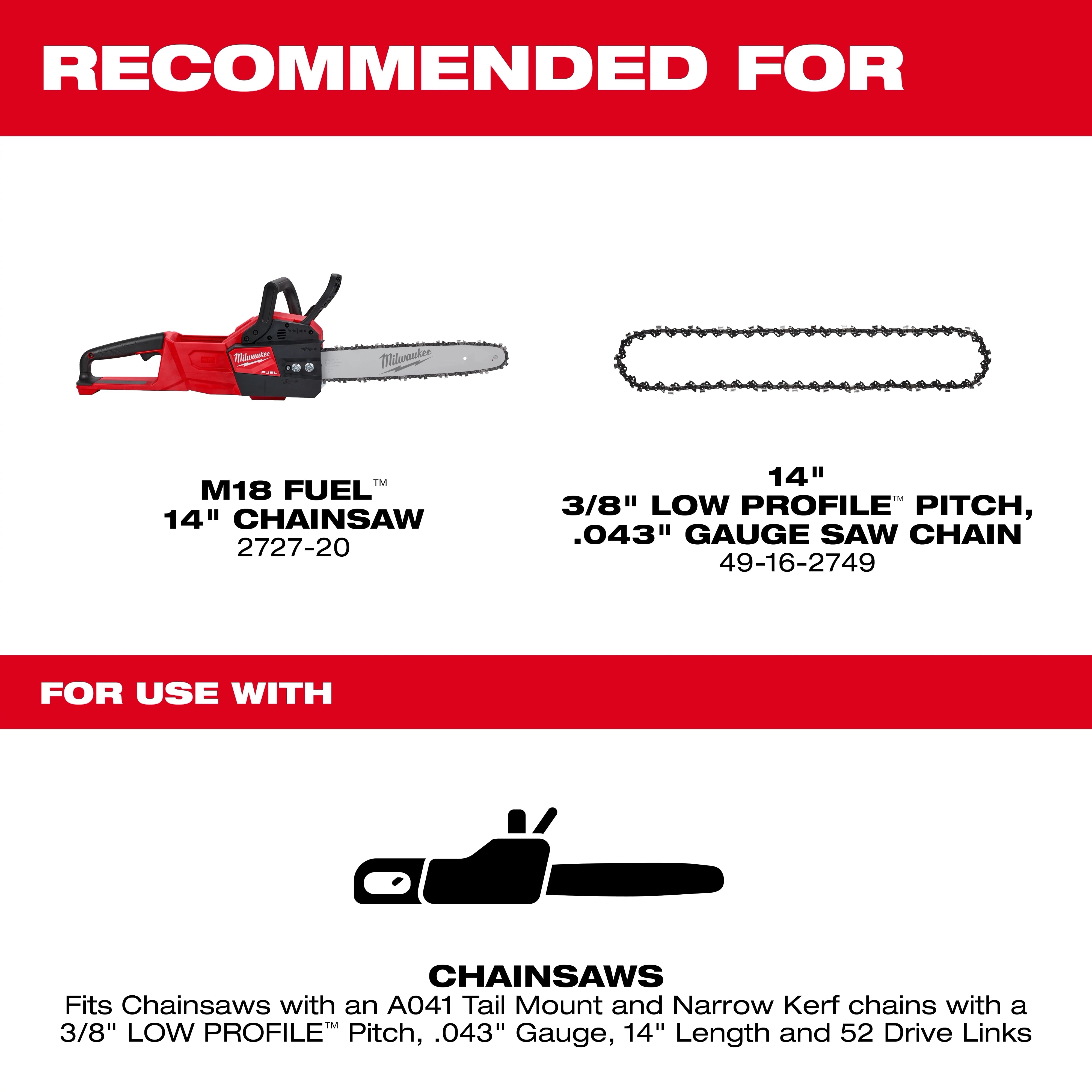 Milwaukee Barre guide 14\" 3/8\" LOW PROFILE™ à pas, calibre .043\" 49-16-2756
