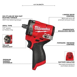Milwaukee Clé à chocs courte M12 FUEL™ 1/2\" Impact 2563-20