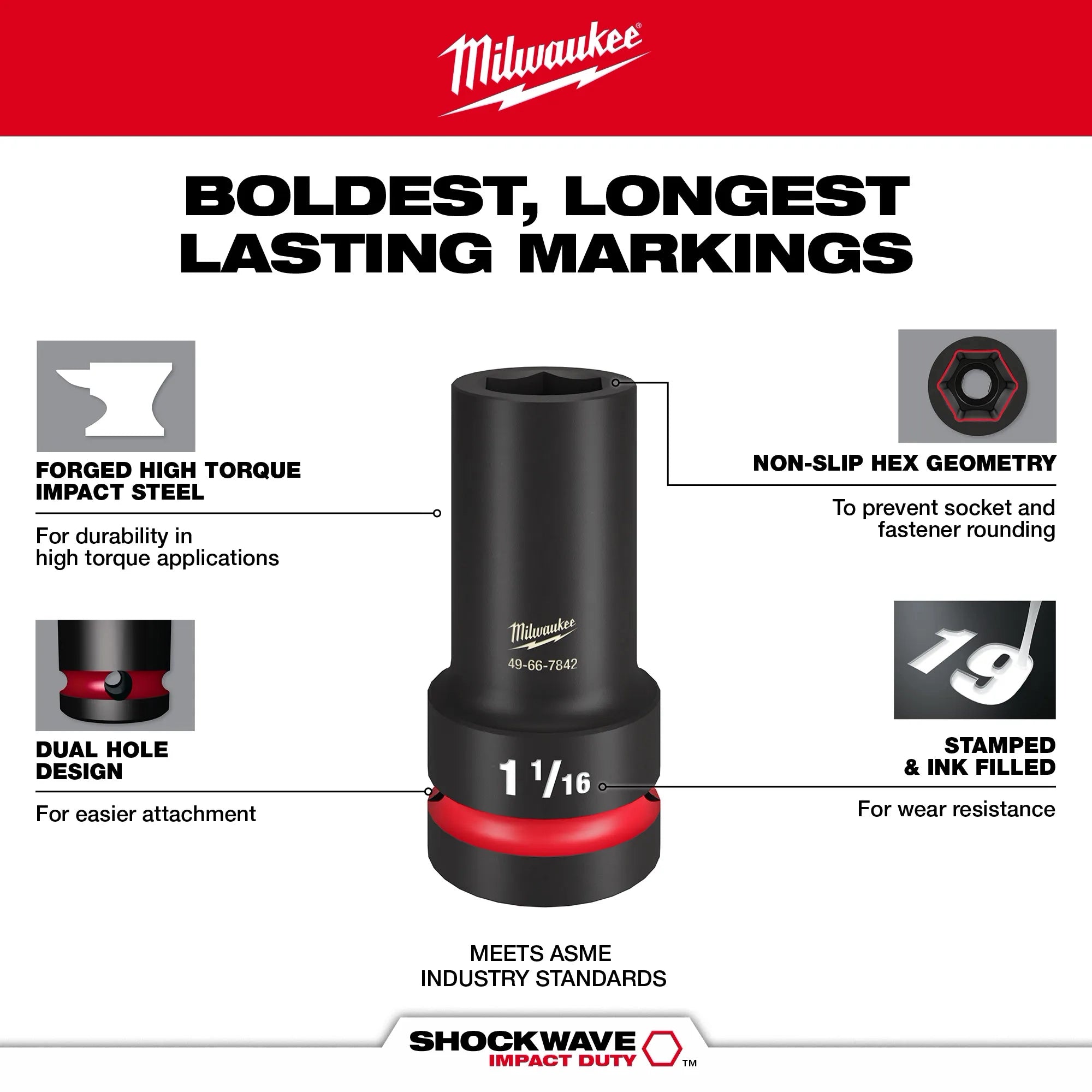 Milwaukee Ensemble PACKOUT™ de douilles de service roue 7 pièces MM & SAE à entraînement 1" SHOCKWAVE Impact Duty™ 49-66-7840