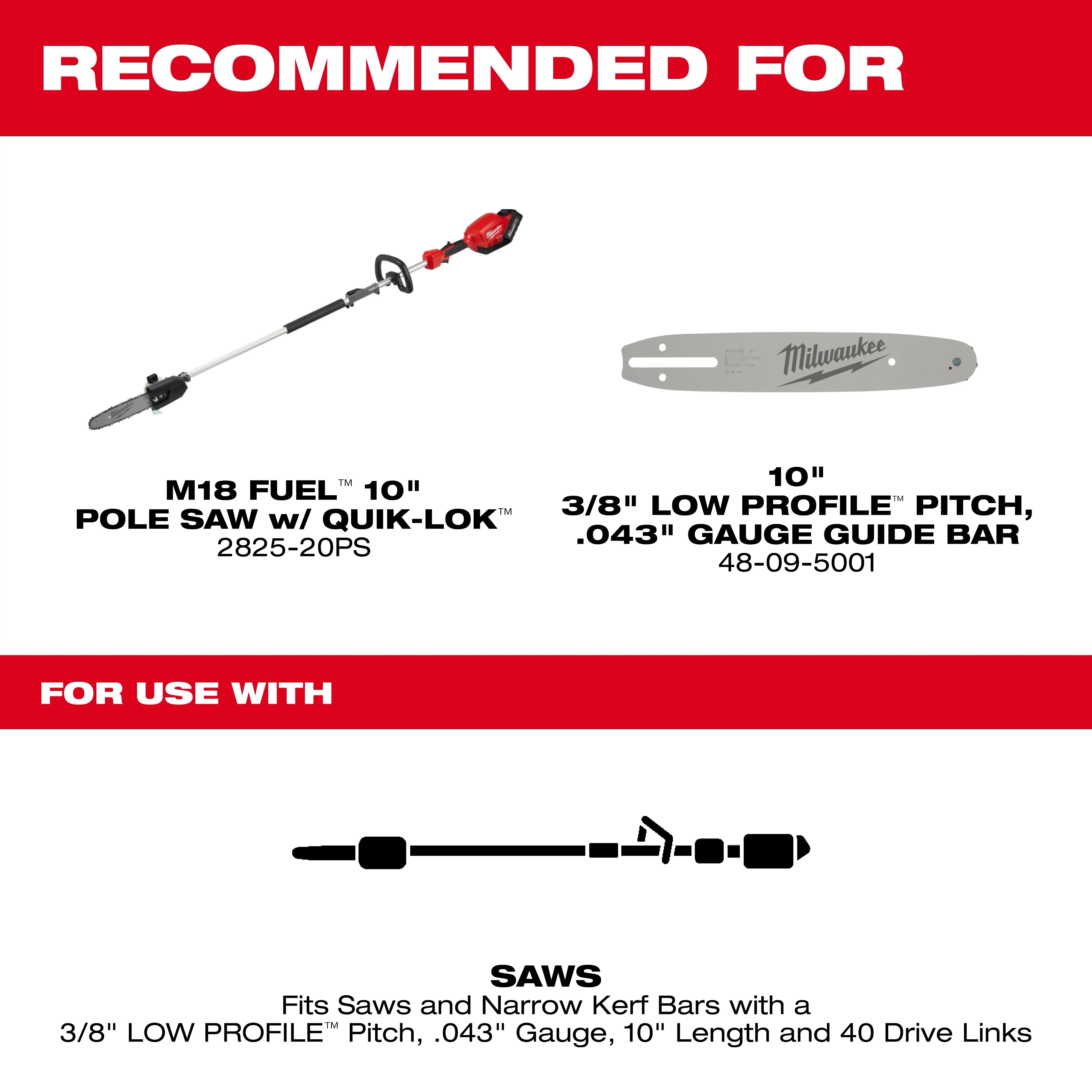 Milwaukee Chaîne de scie 10" 3/8" LOW PROFILE™ à pas, calibre .043" 49-16-2723