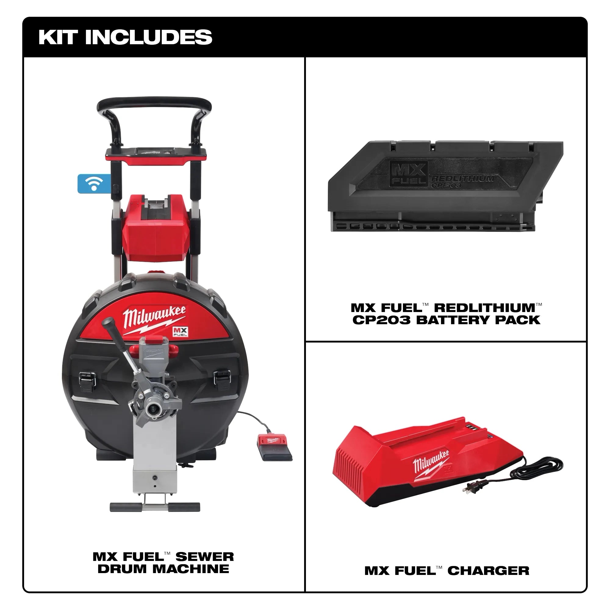 Milwaukee Machine à tambour d'égout MX FUEL™ pour câble 5/8" - ¾" Kit MXF500-1CP