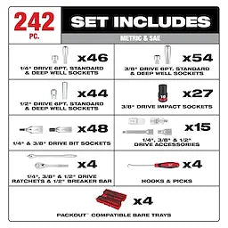 Milwaukee Ensemble de 242 pièces avec cliquet et douilles métriques & SAE 1/4", 3/8" et 1/2", avec boîte à outils à 4 tiroirs PACKOUT™ 48-22-9491
