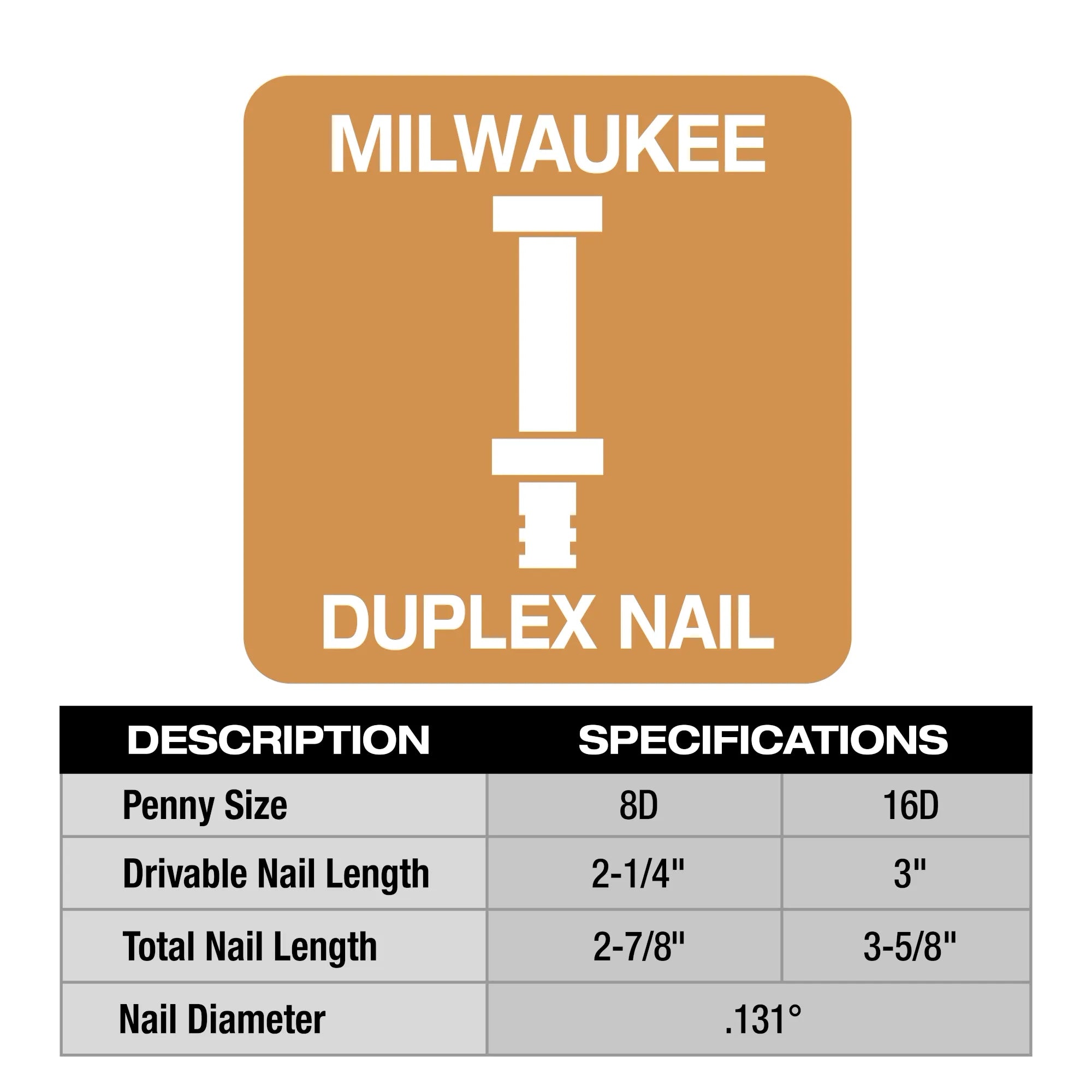 Milwaukee Clous duplex collés Milwaukee® 16D 3" x .131" MDP16D-2000