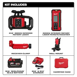Milwaukee Kit de niveau laser rotatif intérieur vert M18™ avec télécommande/récepteur et support de montage mural 3702-21