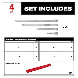 Milwaukee Ensemble de 4 pièces d'extensions à tête oscillante 3/8\" 48-22-9351