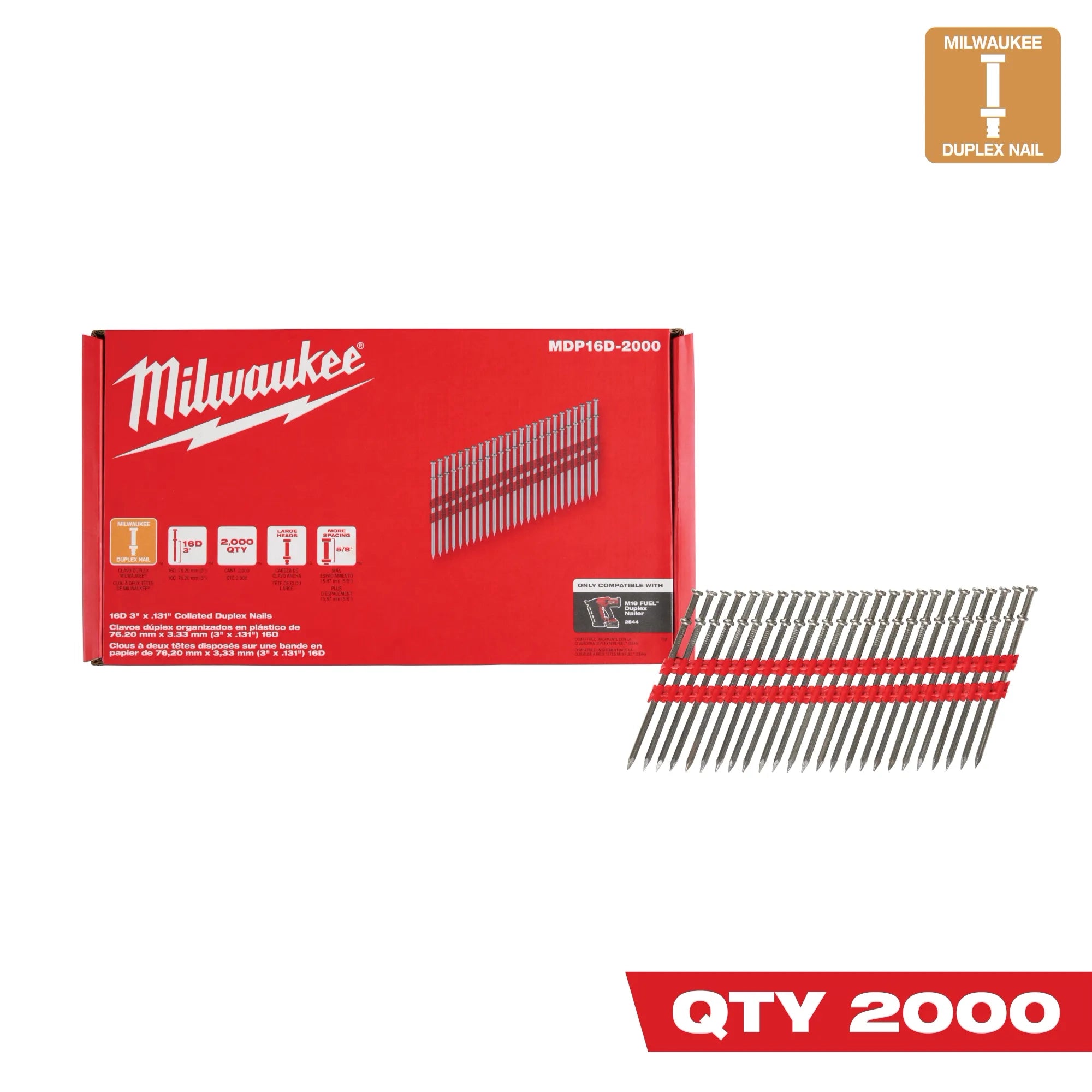 Milwaukee Clous duplex collés Milwaukee® 16D 3" x .131" MDP16D-2000