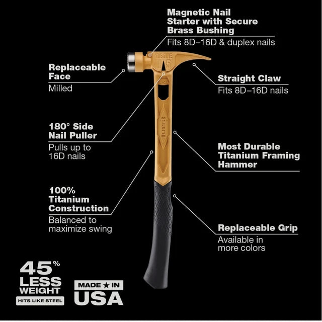 Marteau de charpentier Stiletto TIBONE de 15 oz en titane, face gaufrée et manche courbé – édition limitée dorée, TIB15MC-CG