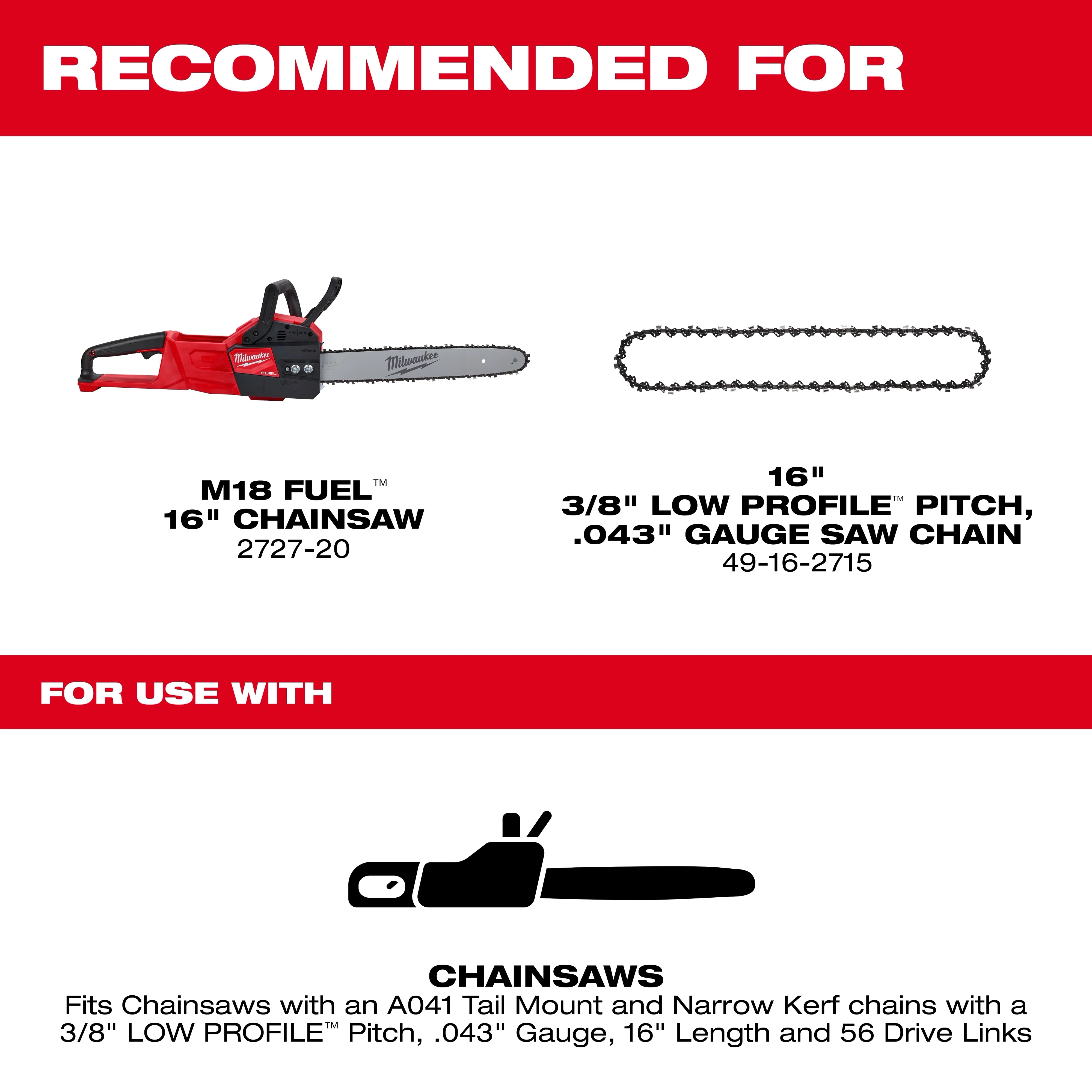 Milwaukee 16" 3/8" LOW PROFILE™ Pitch, .043" Gauge Guide Bar 48-09-3001