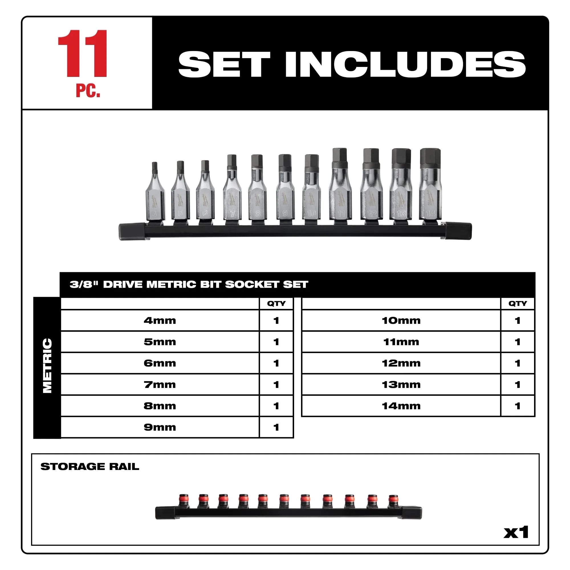 Milwaukee Ensemble de douilles à embouts hexagonaux 3/8" - 11 pièces - métrique 48-22-9543