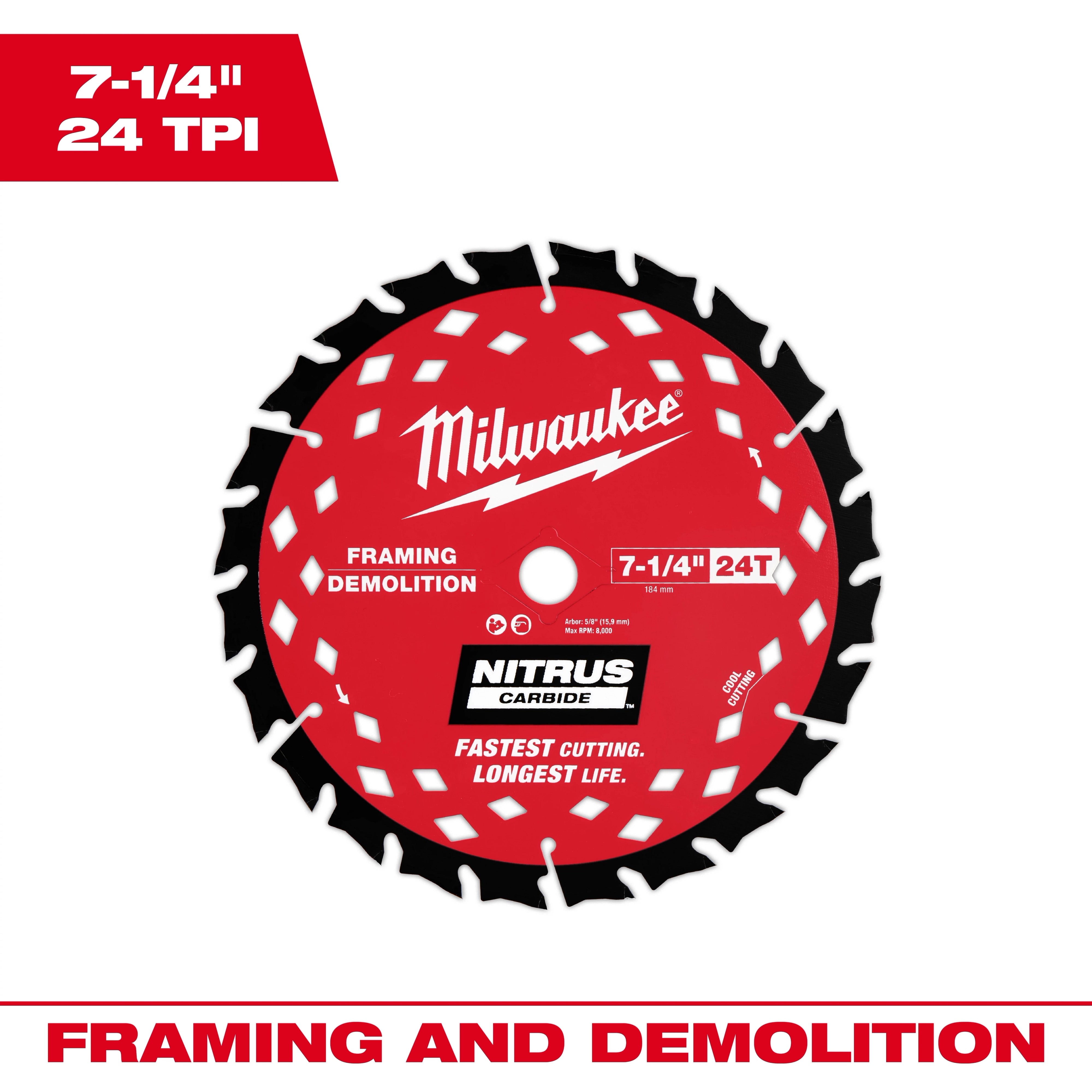 Milwaukee Lame circulaire de cadre et démolition NITRUS™ Carbure 7-1/4” 24 dents 48-40-0750