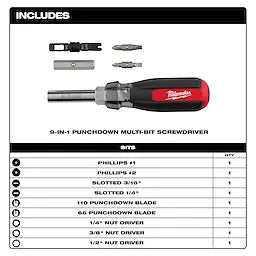 Milwaukee Tournevis multi-embouts 9 en 1 avec punchdown 48-22-2902