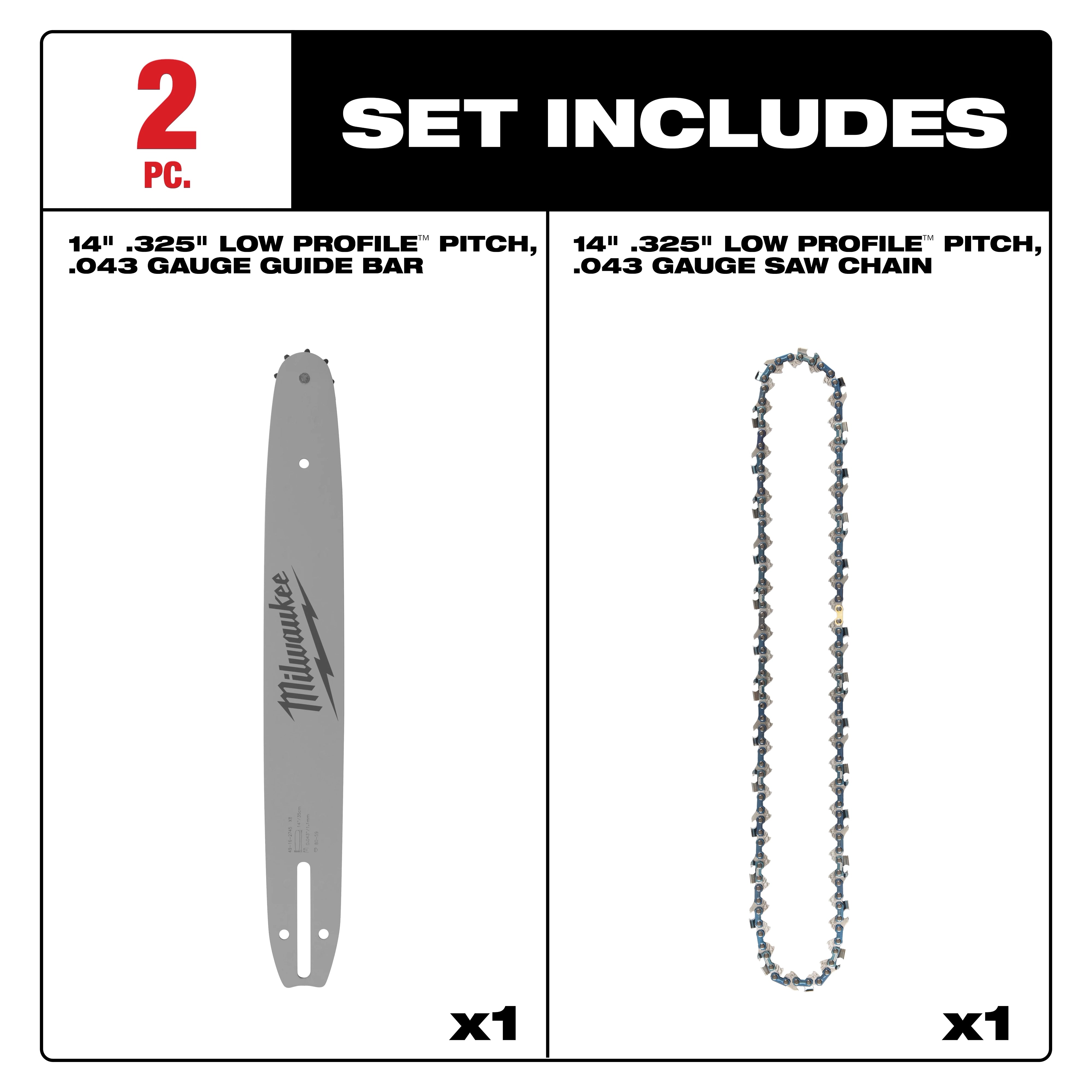 Milwaukee Ensemble chaîne de scie 14" .325" LOW PROFILE™ pas, .043" jauge et barre guide 49-16-2820