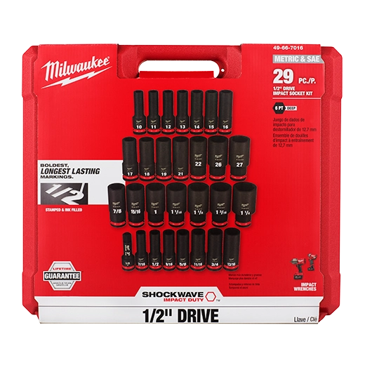 Milwaukee 29PC SHOCKWAVE Impact Duty™ 1/2" Drive SAE & Metric Deep 6 Point Socket Set 49-66-7016