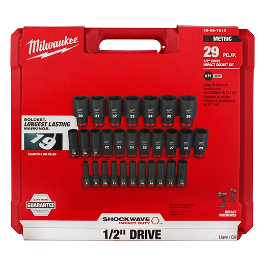 Milwaukee Ensemble de 29 douilles métriques profondes 6 points 1/2" Drive SHOCKWAVE Impact Duty™ 49-66-7015