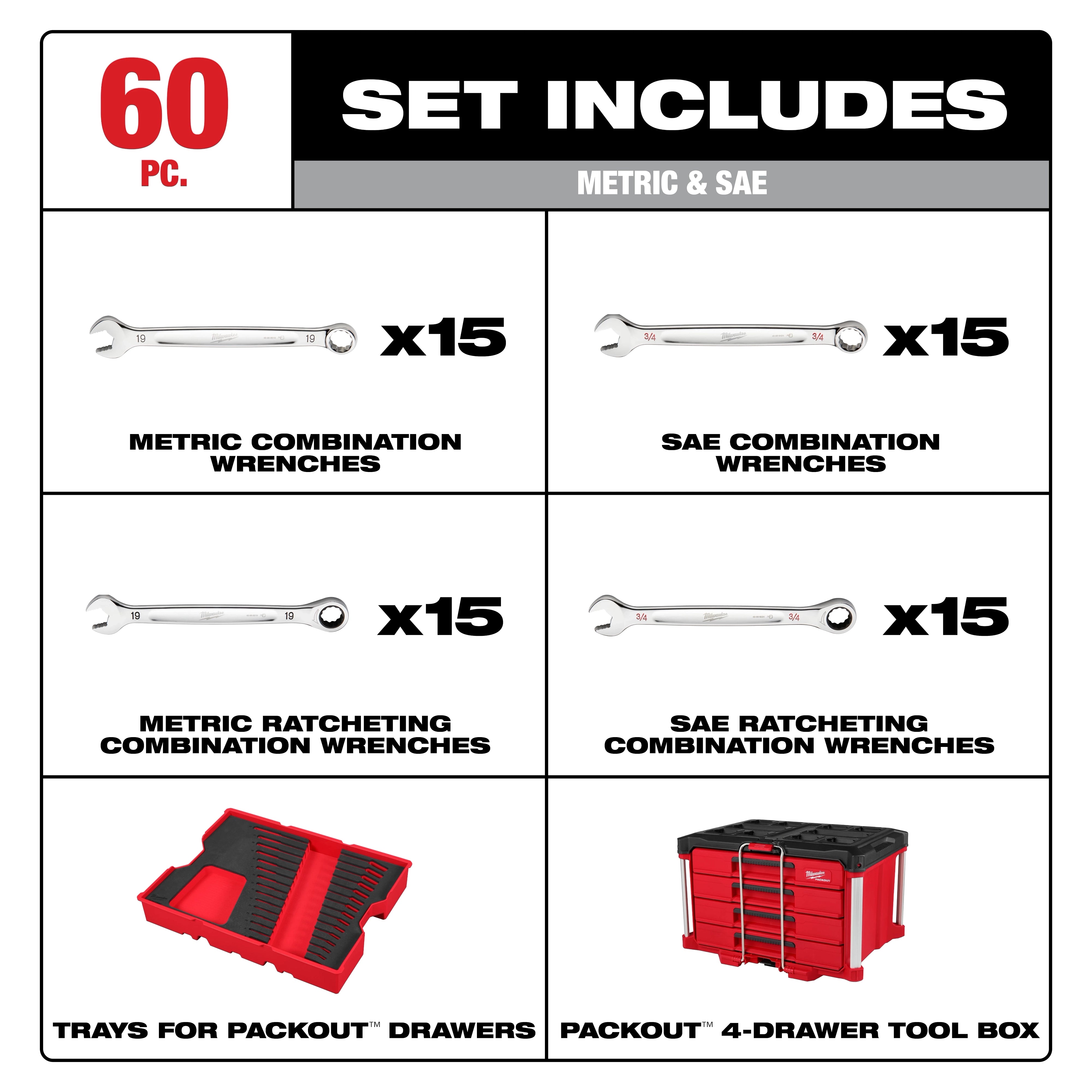 Milwaukee Ensemble de 60 pièces de clés à douilles combinées métriques et SAE avec boîte à outils à 4 tiroirs PACKOUT™ 48-22-9492