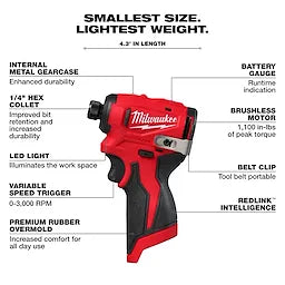 Milwaukee M12™ Visseuse à chocs hexagonale 1/4" subcompacte sans balais 3450-20