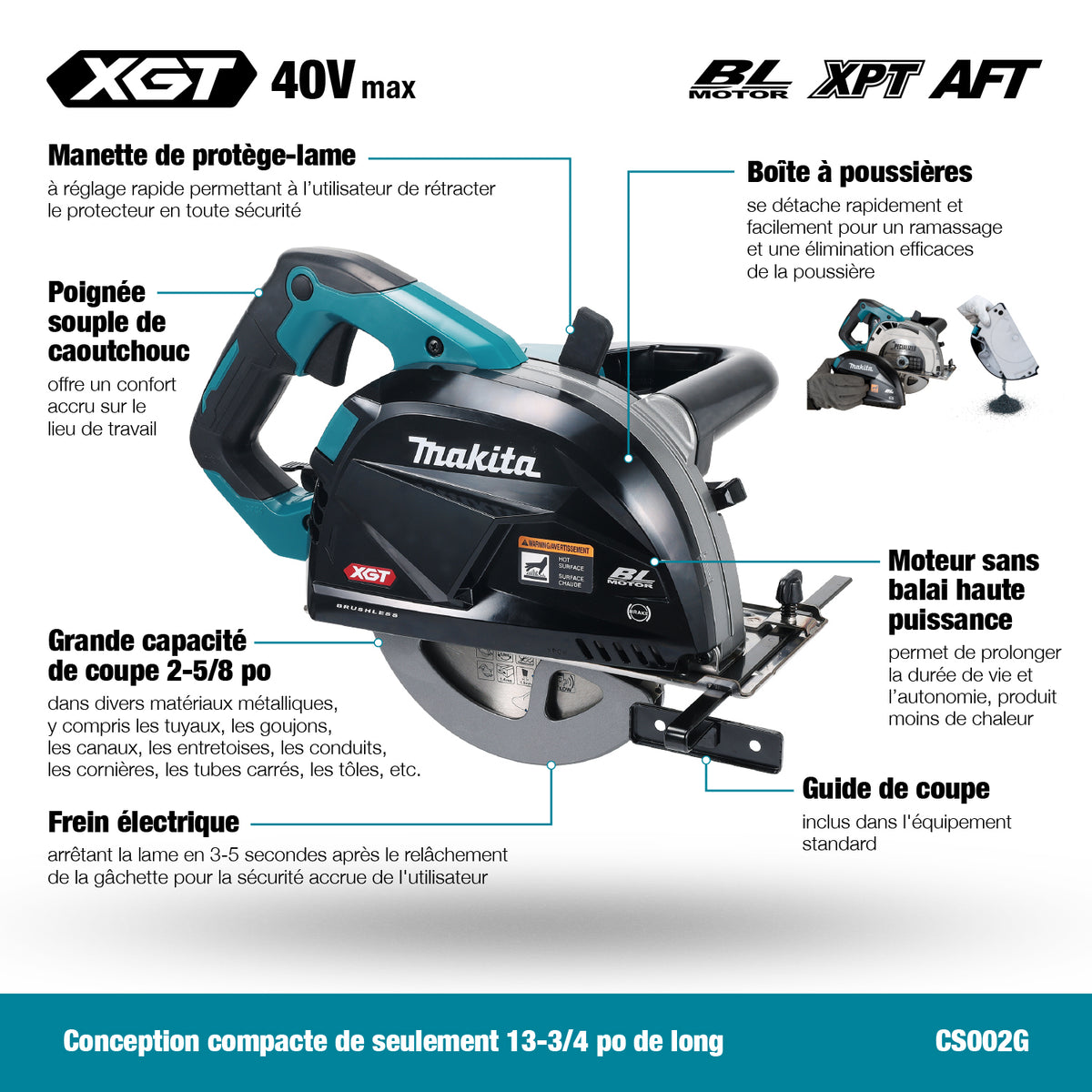 Makita Scie circulaire pour métaux sans balais 40Vmax XGT 7-1/4", machine seule CS002GZ