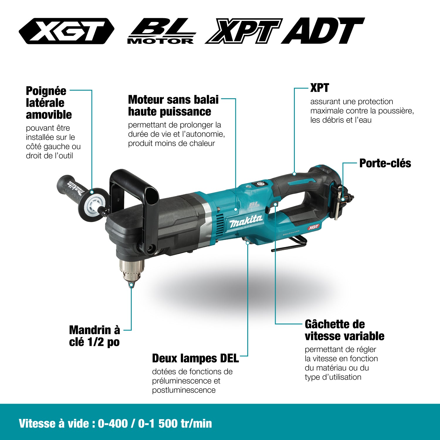 Makita Perceuse angulaire sans balais 1/2" 40Vmax XGT, Kit avec batterie 4.0Ah x1 DA001GM101
