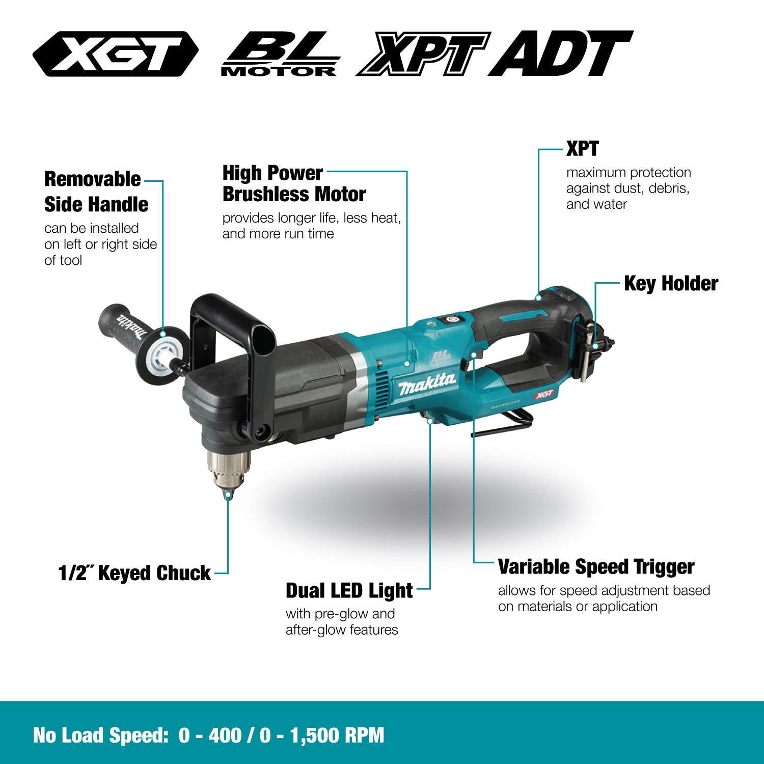 Makita Perceuse angulaire sans balais 1/2" 40Vmax XGT, machine seule DA001GZ
