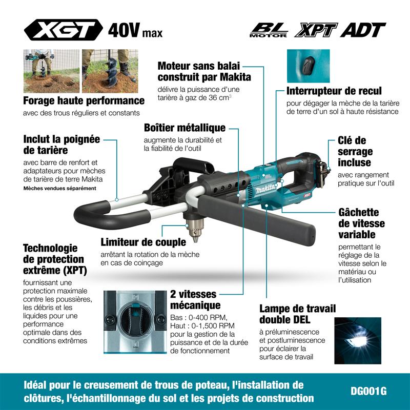 Makita Tarière 1/2" sans balais 40Vmax XGT, kit avec batterie 4.0Ah x1 DG001GM105