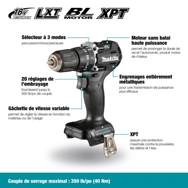 Makita Perceuse-visseuse à percussion sub-compacte LXT 18V 1/2" sans balais, Machine seule DHP487ZB