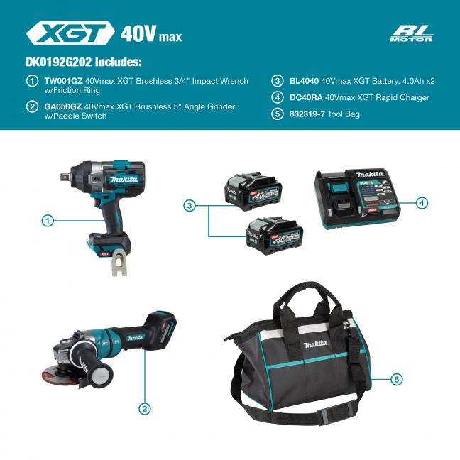 Makita Kit combiné 2 outils sans balais 40Vmax XGT, 4,0 Ah x2 DK0192G202