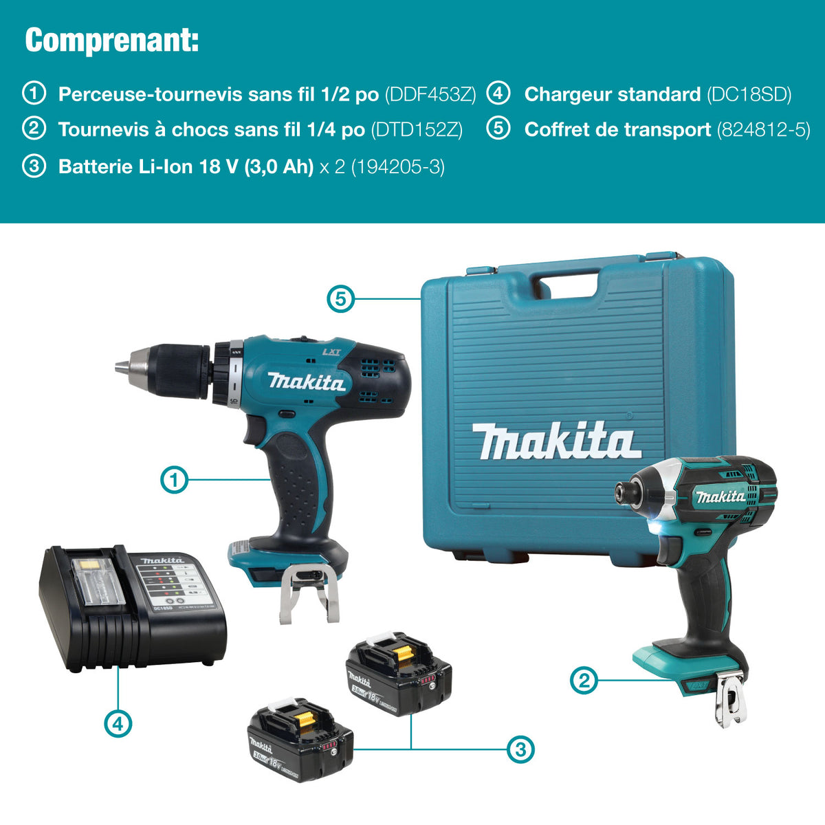 Makita Kit combiné 2 outils sans fil 18V LXT, 2 batteries 3.0Ah DLX2022S