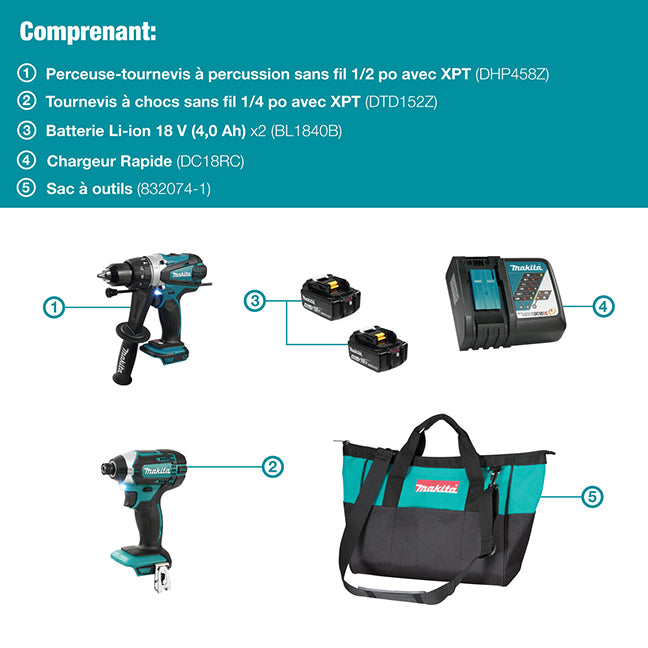 Makita Kit combiné 2 outils sans fil 18V LXT, 2 batteries 4.0Ah DLX2145MX