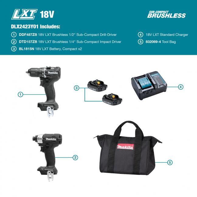 Makita Kit Combiné 2 Outils Sub-Compact Sans Fil 18V LXT Brushless, Compact x2 DLX2423Y01