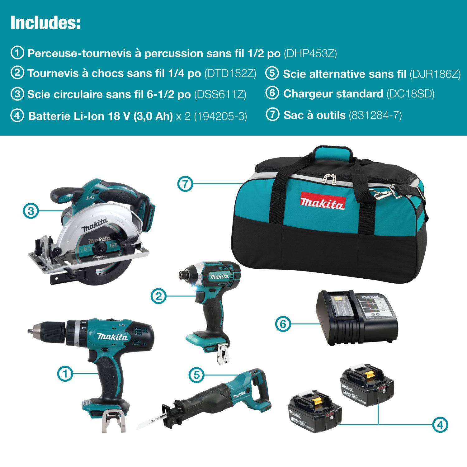 Makita Kit Combiné 4 Outils 18V LXT, 3,0Ah x2 DLX4057X1