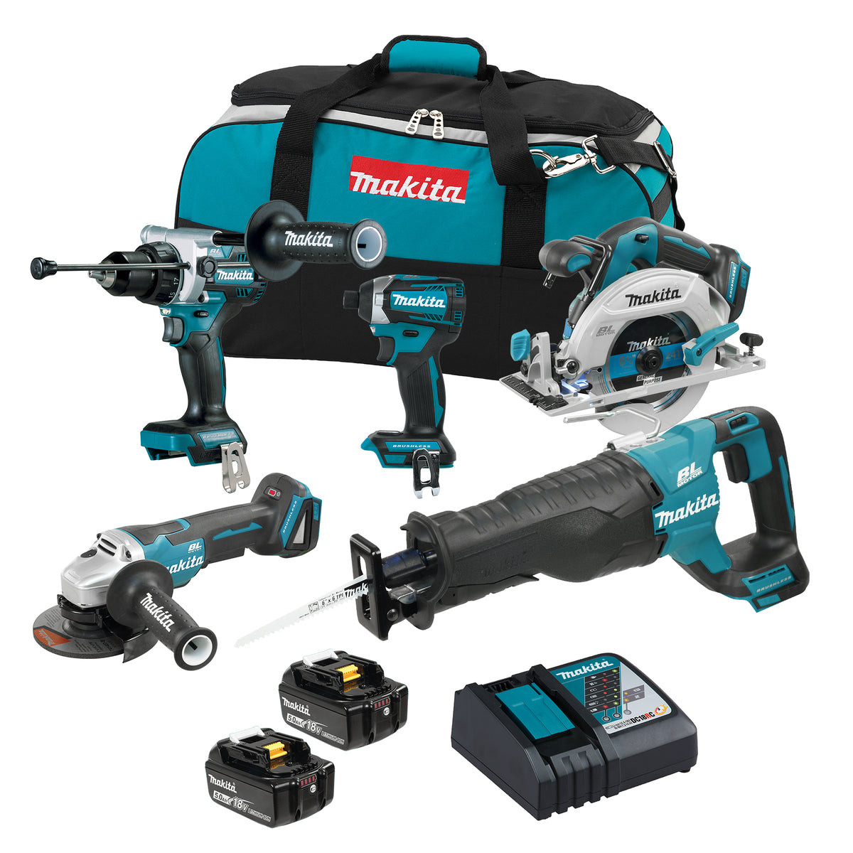 Makita Kit Combiné 5 Outils Sans Balais 18V LXT, 5,0Ah x2 DLX5077TX1