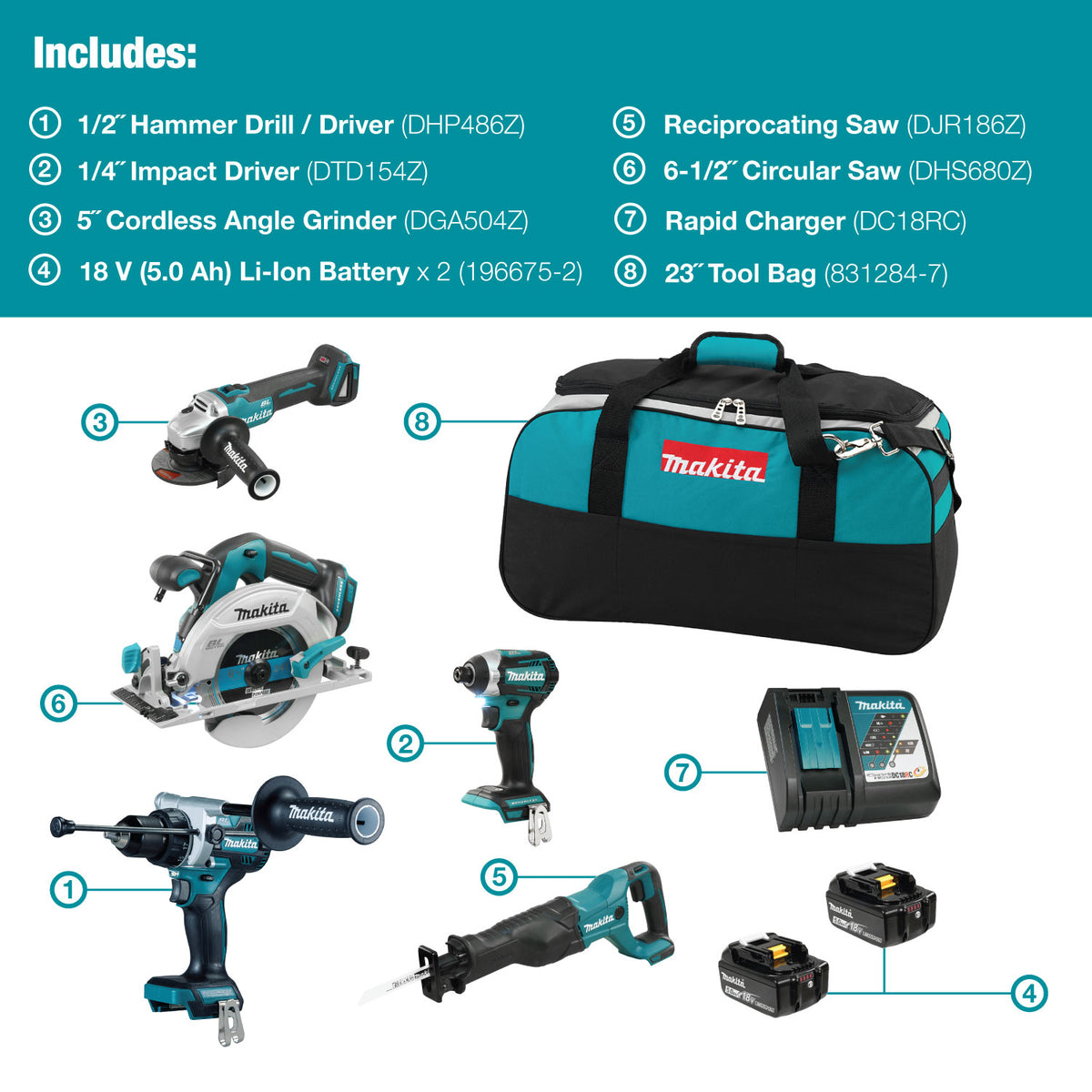 Makita Kit Combiné 5 Outils Sans Balais 18V LXT, 5,0Ah x2 DLX5077TX1