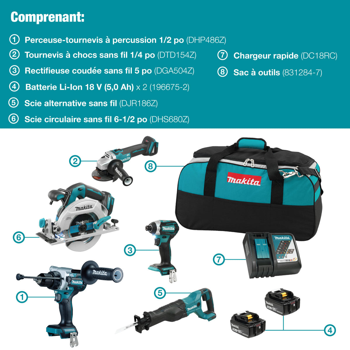 Makita Kit Combiné 5 Outils Sans Balais 18V LXT, 5,0Ah x2 DLX5077TX1