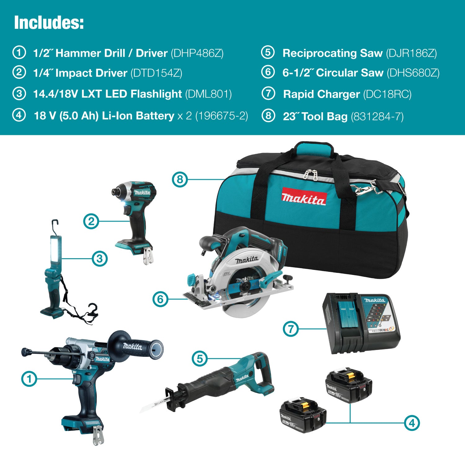 Makita 18V LXT Brushless 5 Tool Combo Kit, 5.0Ah x2 DLX5083TX1