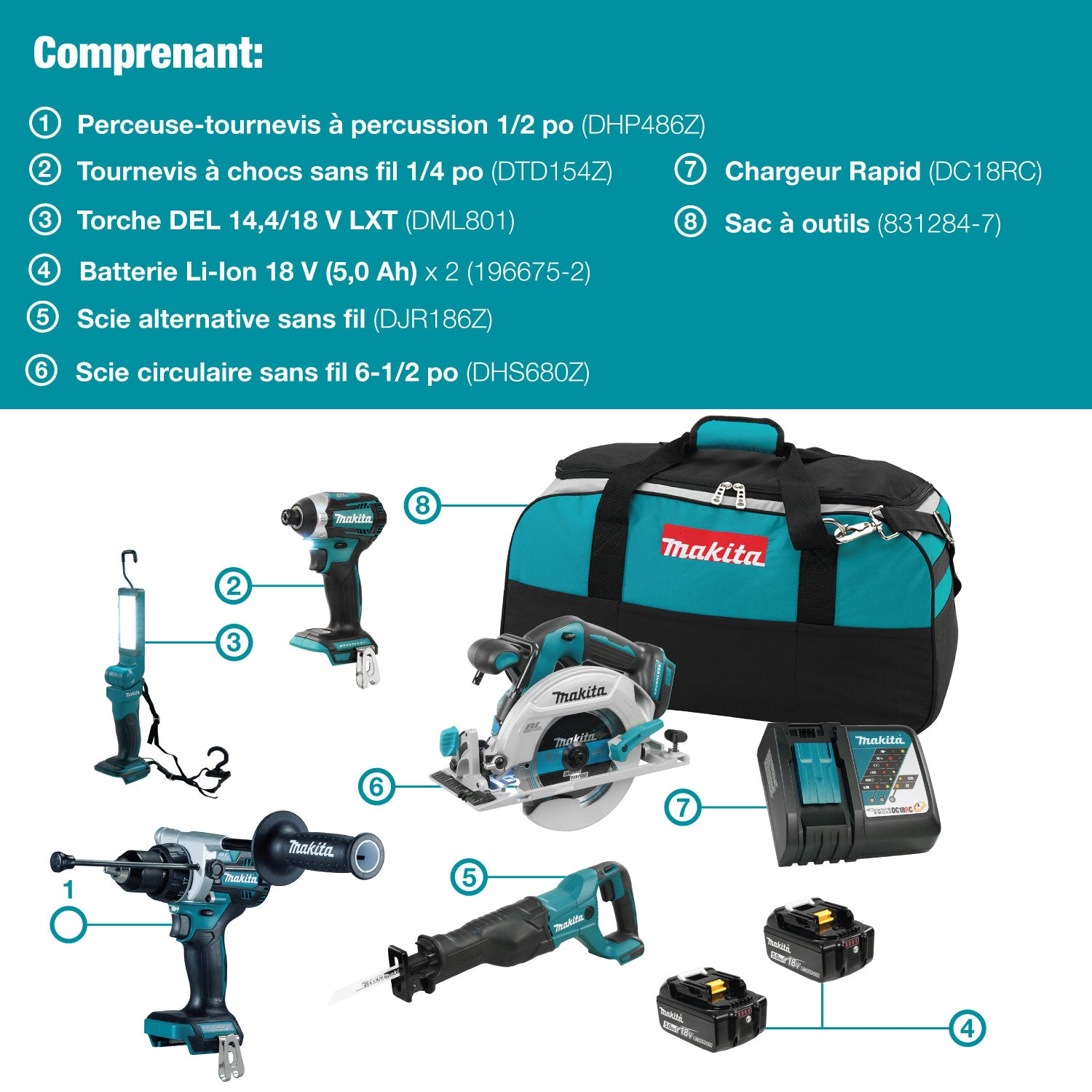 Makita 18V LXT Brushless 5 Tool Combo Kit, 5.0Ah x2 DLX5083TX1