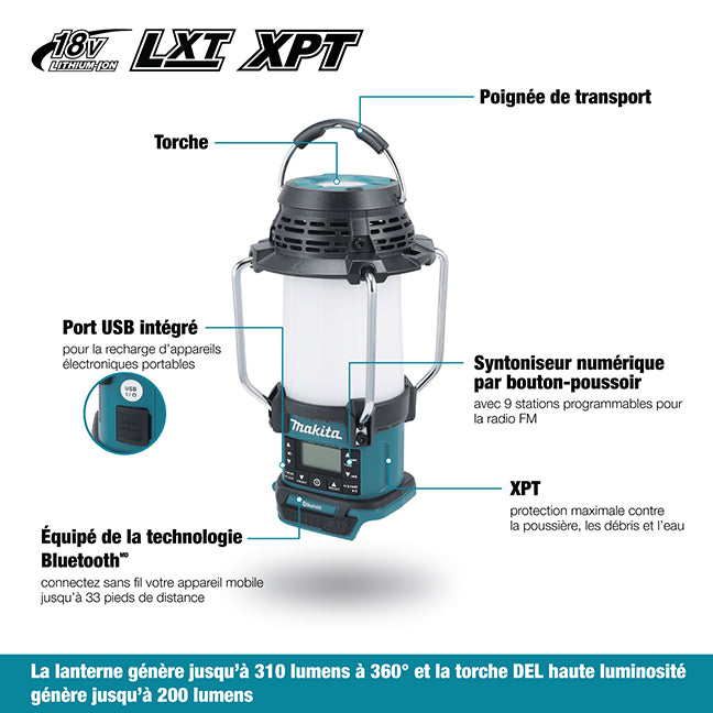 Makita Radio-Lanterne sans fil 18V LXT avec Bluetooth, XPT et Lampe torche (Outil nu) DMR057