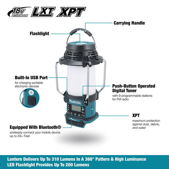 Makita Radio-Lanterne sans fil 18V LXT avec Bluetooth, XPT et Lampe torche (Outil nu) DMR057