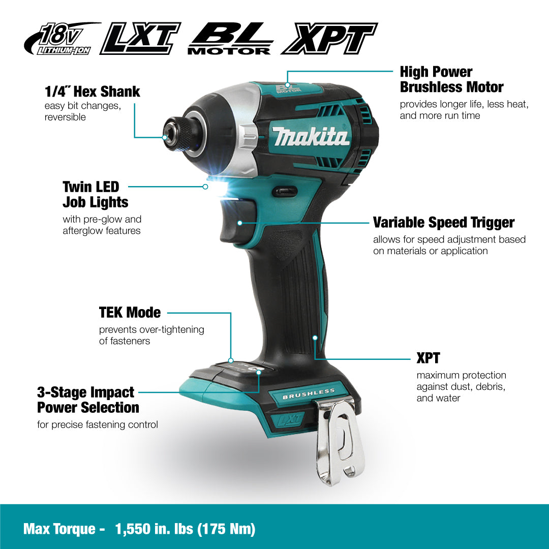 Makita Visseuse à chocs sans balais 18V LXT 1/4", outil seul DTD154Z