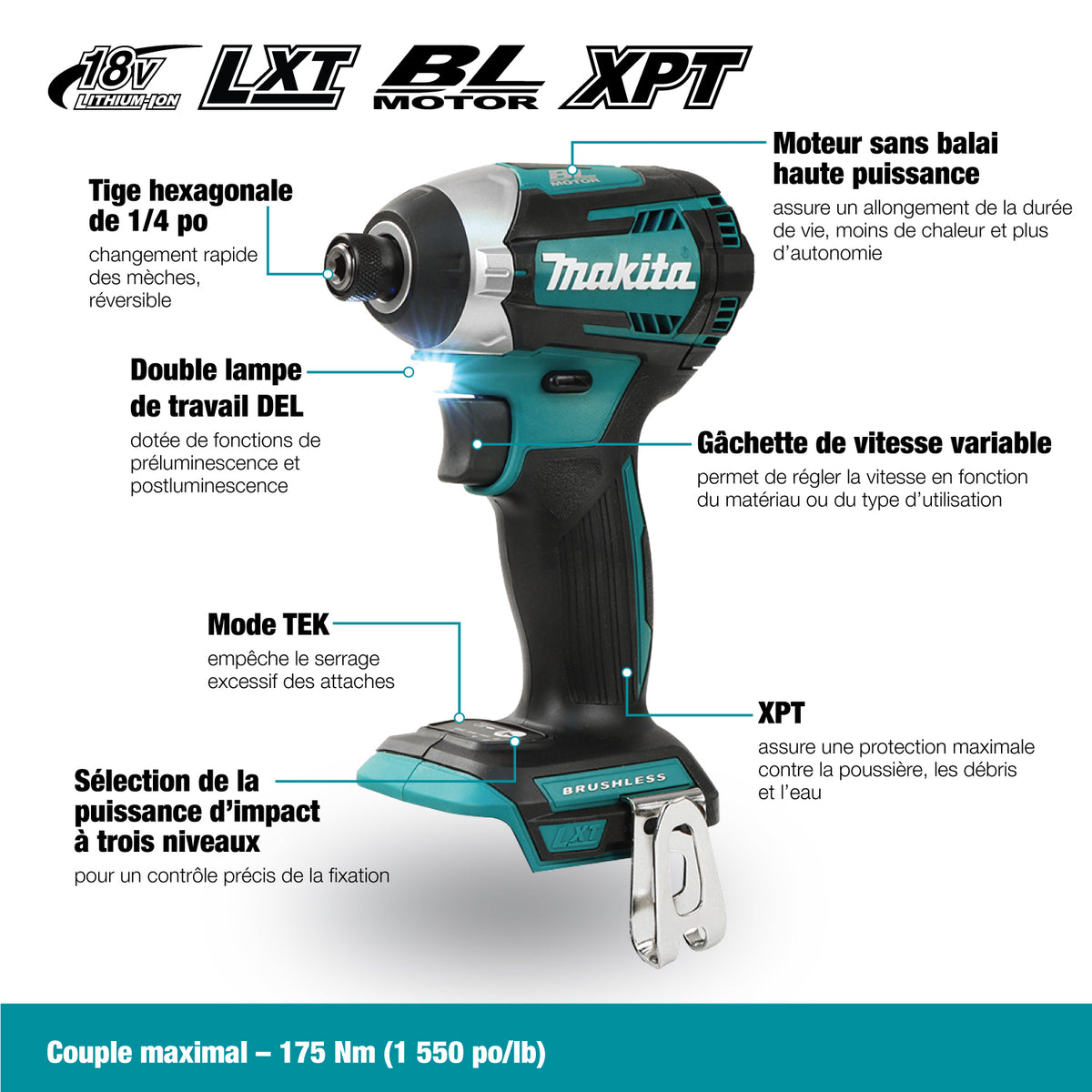 Makita Visseuse à chocs sans balais 18V LXT 1/4", outil seul DTD154Z