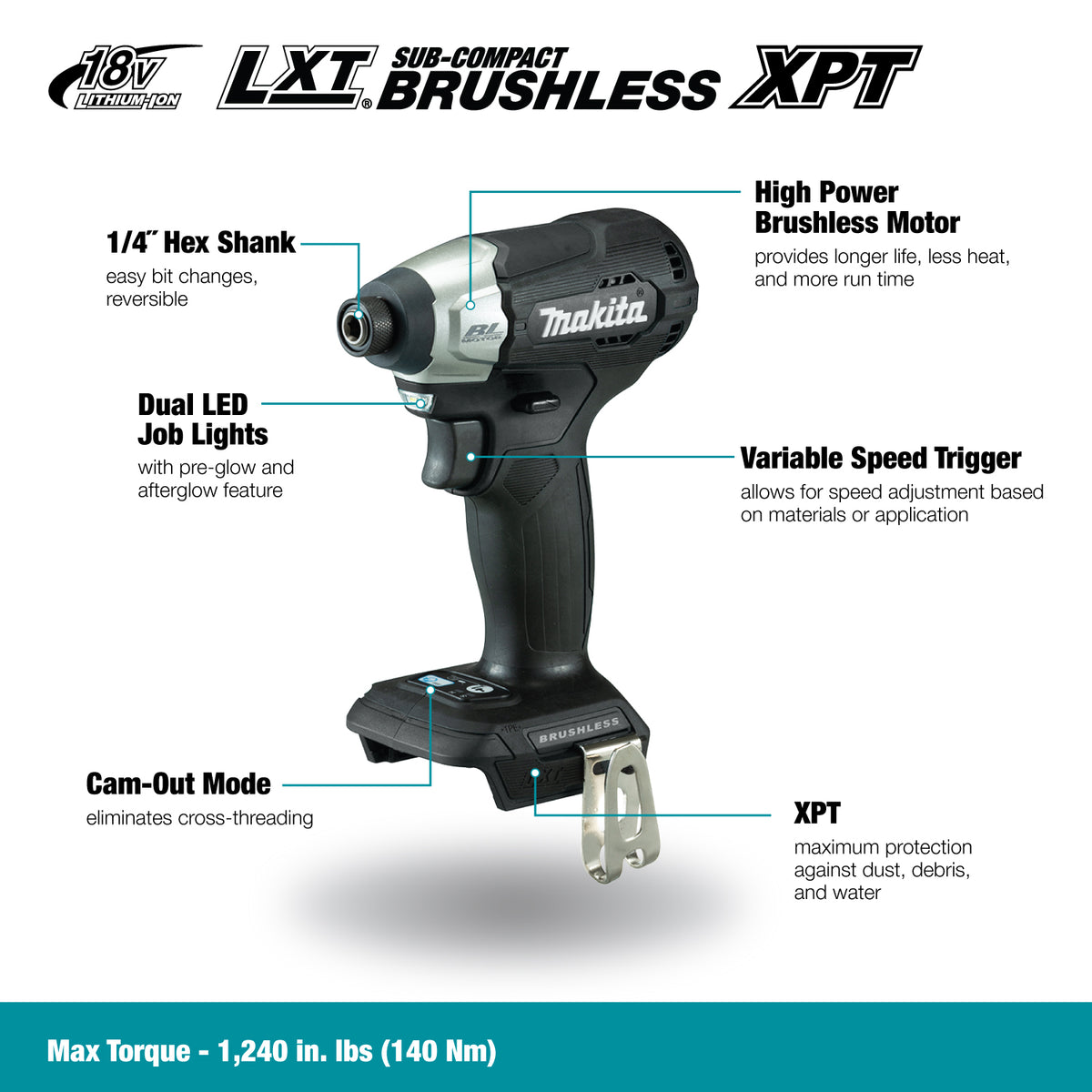 Makita Visseuse à chocs sans balais 18V LXT 1/4" sub-compacte, outil seul DTD157ZB