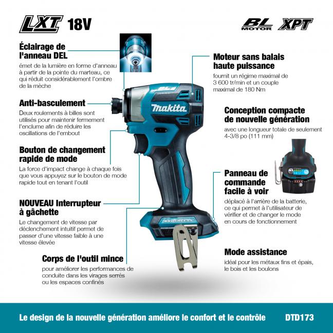 Makita 18V LXT Brushless 1/4" Impact Driver, Tool Only DTD173Z
