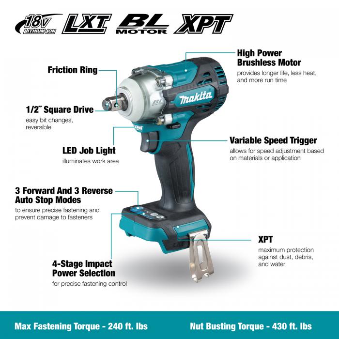 Makita Clé à chocs sans balais LXT 18V 1/2" avec bague de friction, outil seul DTW300XVZ