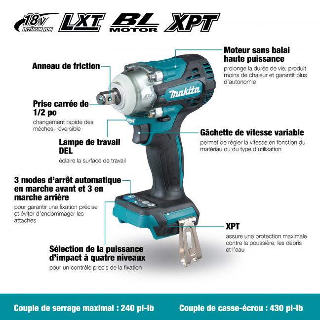 Makita Clé à chocs sans balais LXT 18V 1/2" avec bague de friction, outil seul DTW300XVZ