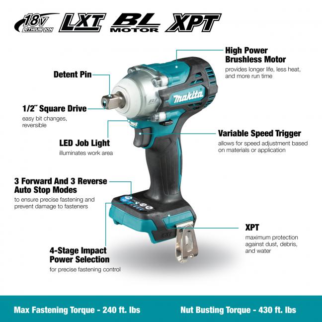 Makita Clé à chocs sans balais LXT 18V 1/2" avec goupille de détente, outil seul DTW301XVZ