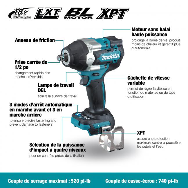 Makita Clé à chocs sans balais LXT 18V 1/2" avec bague de friction, outil seul DTW700XVZ