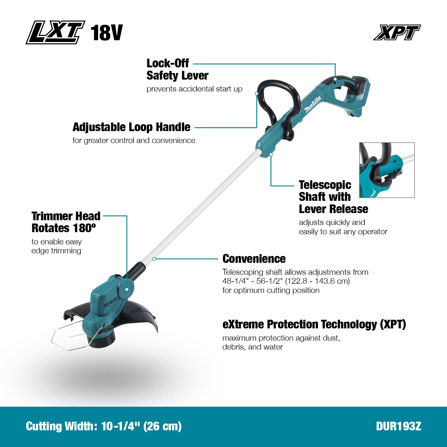 Makita Coupe-bordures sans fil LXT 18V 10-1/4" (26 cm), Kit avec batterie 4,0 Ah x1 DUR193M001