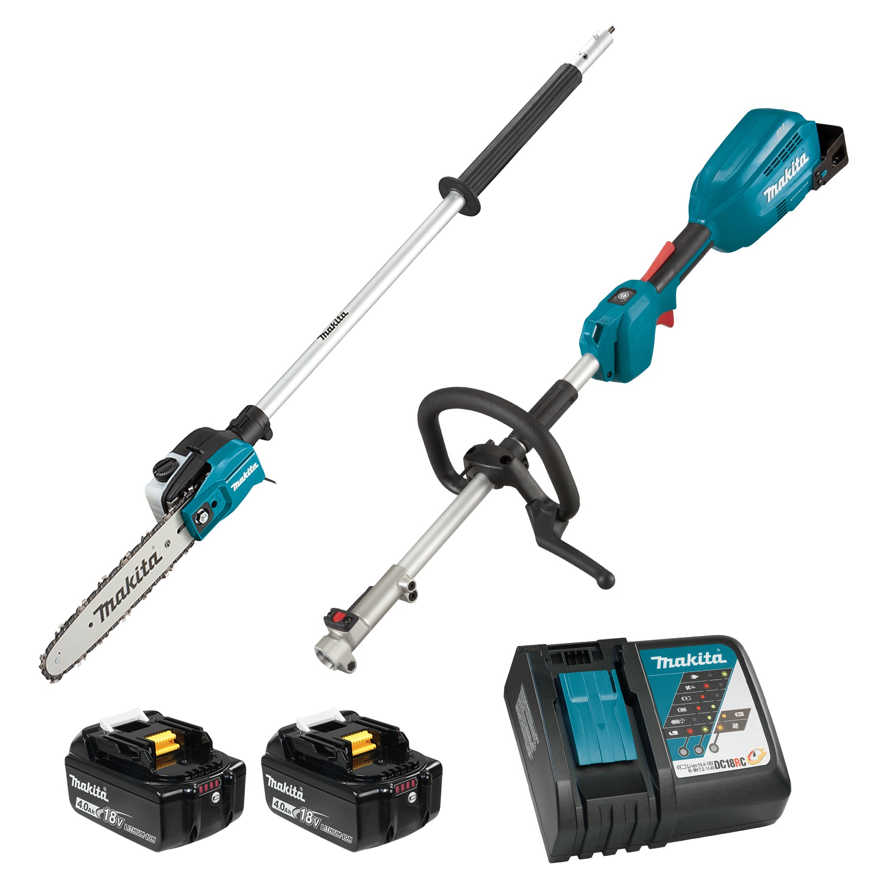 Makita Unité motrice Split Shaft Brushless 18V LXT avec tronçonneuse sur perche EY402MP, Kit avec 2 batteries 4.0Ah DUX18RMX12