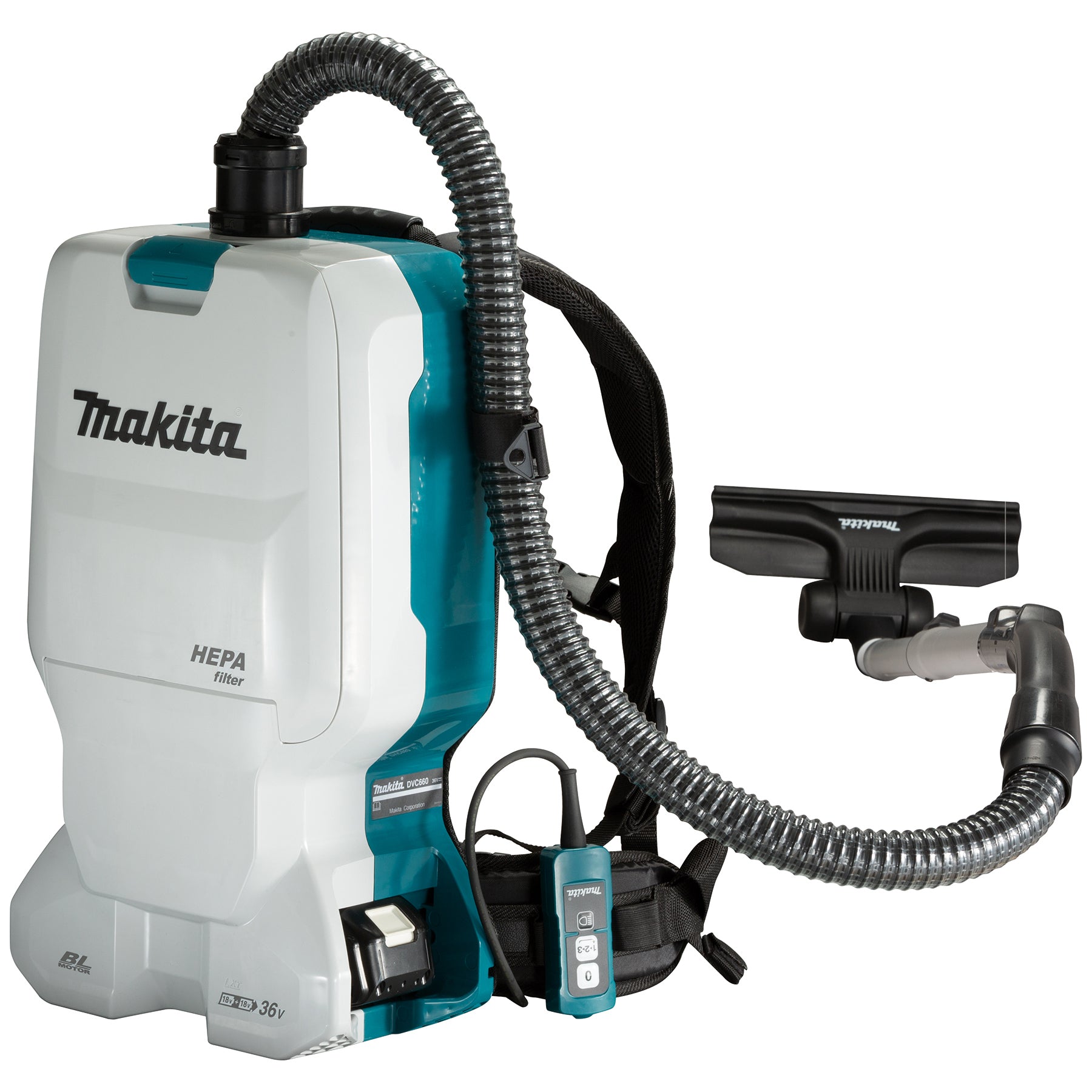 Makita Aspirateur à dos 6 L sans balais 36V (18Vx2) LXT, kit avec 2 batteries 5.0Ah DVC660PT2